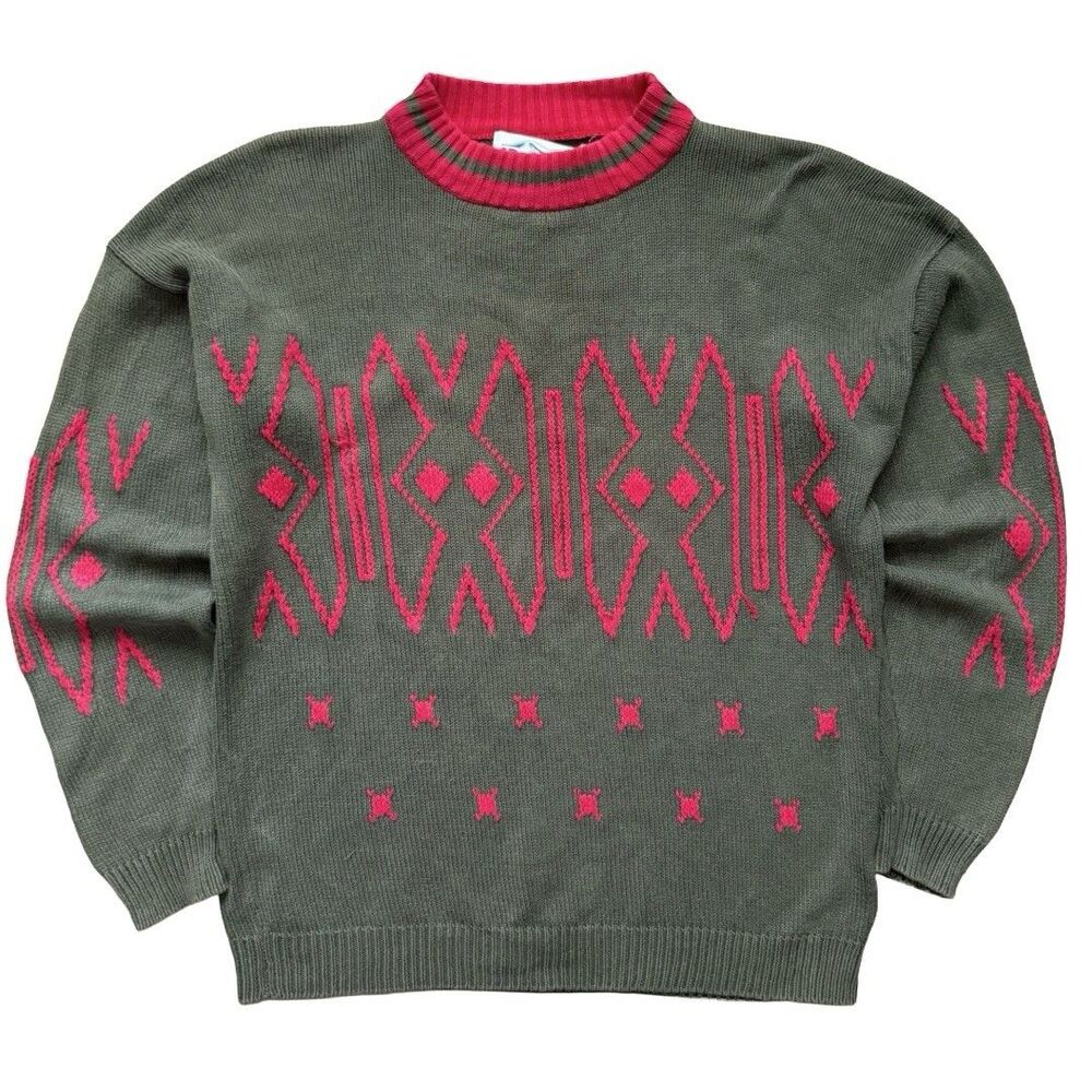 Vintage 80s Snowmass Abstract Retro Pullover Sweater Size M Olive Green Red